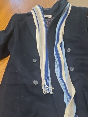 Size 12 Navy Double-Breasted Pea Coat with Blue-Striped Scarf